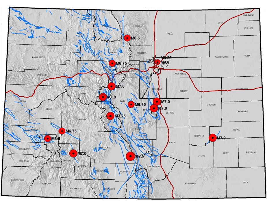 Screenshot of the CGS Interactive Hazus Events Map of earthquakes in Colorado.