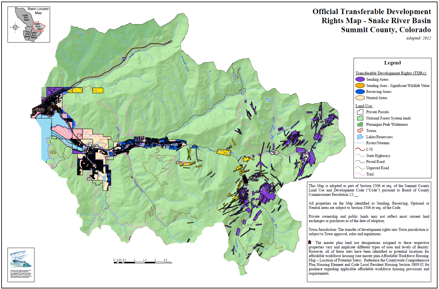 The official TDR Map for the Snake River Basin in Summit County. Sending areas are in purple and orange – receiving areas are in blue.