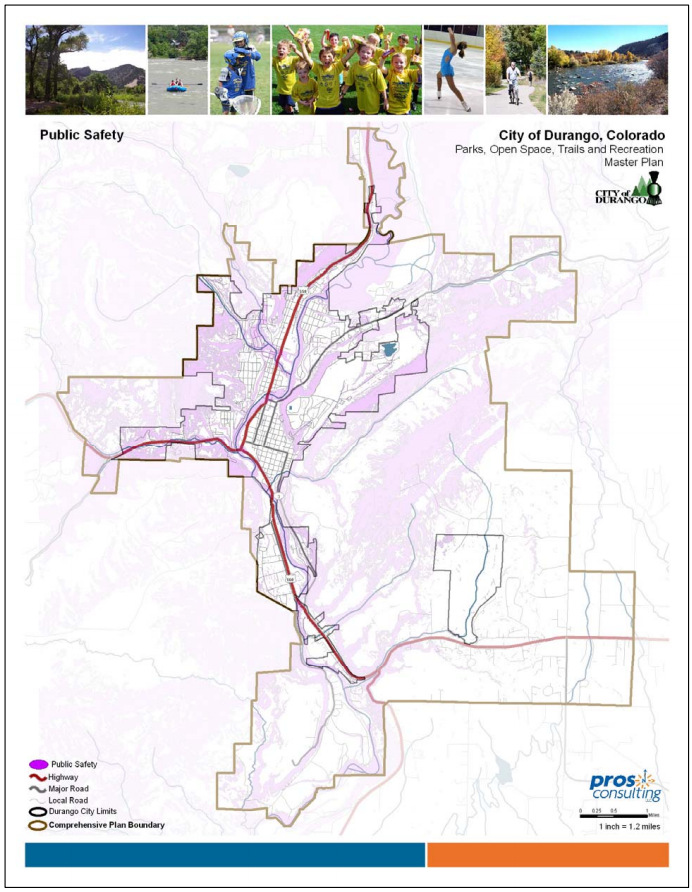 This public safety map is an excerpt from Durango’s Parks, Open Space, Trails, and Recreation Master Plan. The plan’s “greenprinting” process uses GIS maps like this (which shows floodplain areas in purple) to help inform decision making regarding open space, preservation, and resource conservation.