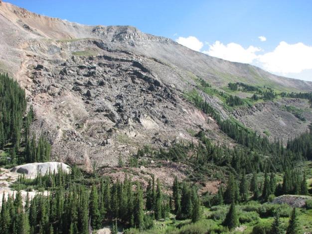 Rock slide at an old mine. Colorado Geological Survey, photo by Division of Reclamation and Mining.