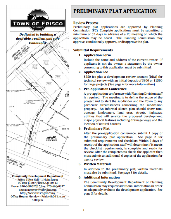 Town of Frisco preliminary plat application submittal requirements information sheet. Source - Town of Frisco